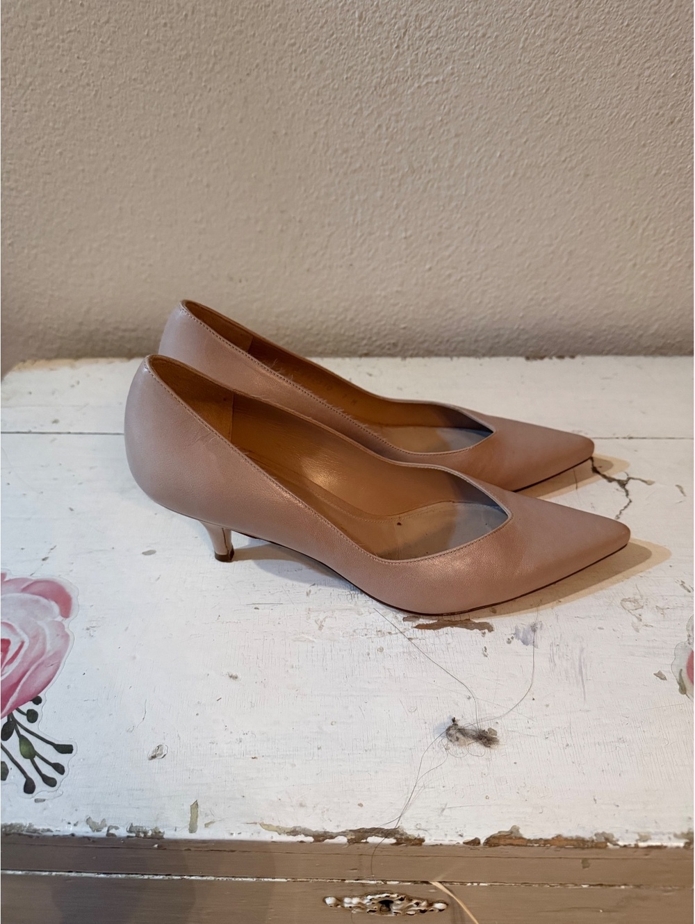Stuart Weitzman Nude Leather Pointed toe Kitten Heel Pumps Size 7M 2 inch heel